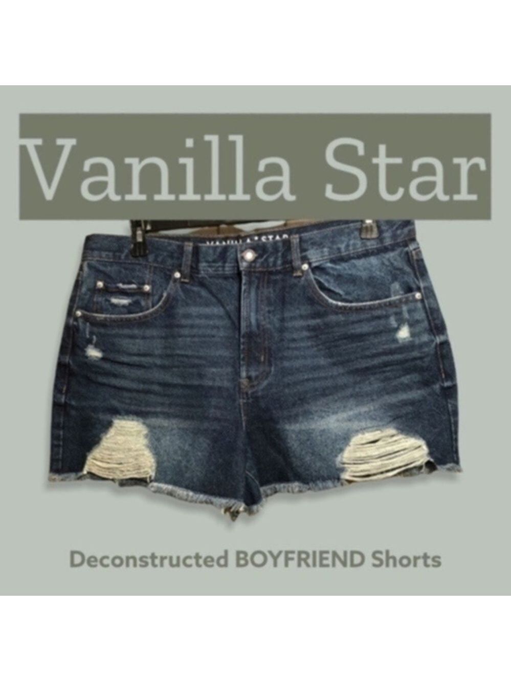 VANILLA Star Deconstructed Dark Wash Jean Shorts with Frayed Hem